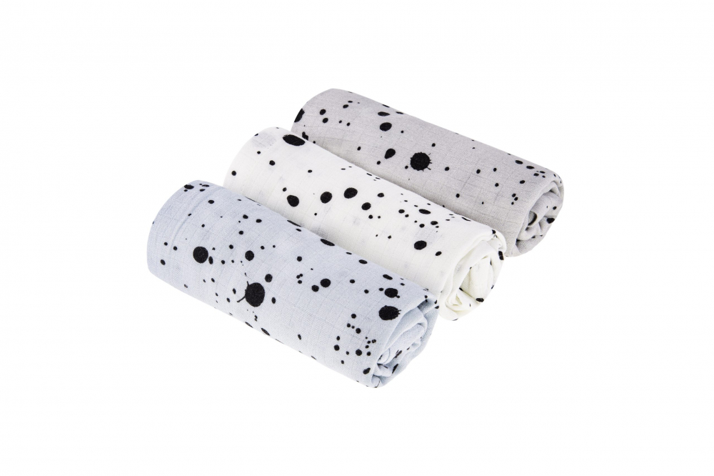 Set 3 Museline din bambus Dots AlbastruAlbGri Sleepee