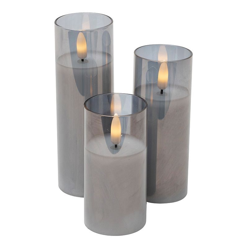 Set 3 lumanari led, alb cald intermitent, efect flacara, aranjament decorativ, sticla