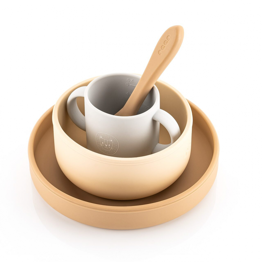 Set 4 piese vesela din silicon pentru copii, fara BPA, lavabile in masina de spalat vase Bej