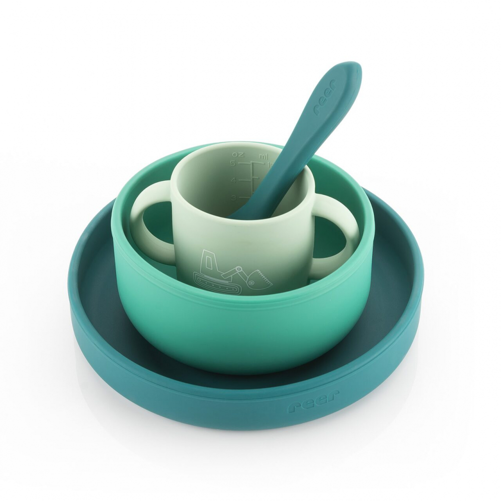 Set 4 piese vesela din silicon pentru copii, fara BPA, lavabile in masina de spalat vase Verde