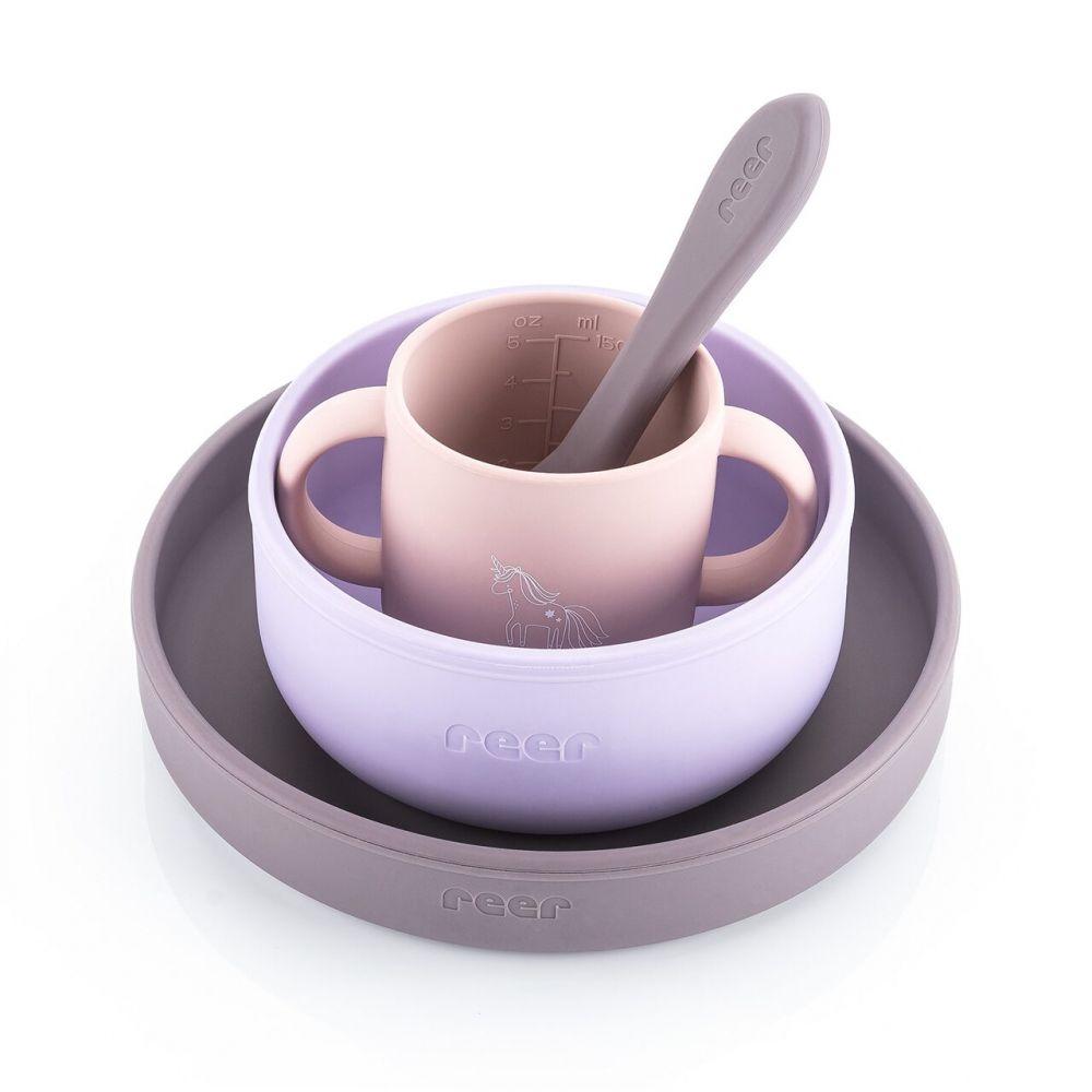 Set 4 piese vesela din silicon pentru copii, fara BPA, lavabile in masina de spalat vase Mov