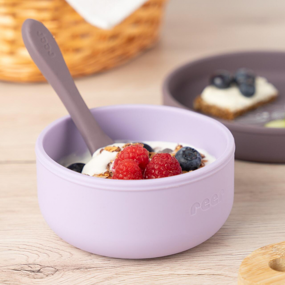Set 4 piese vesela din silicon pentru copii, fara BPA, lavabile in masina de spalat vase Mov
