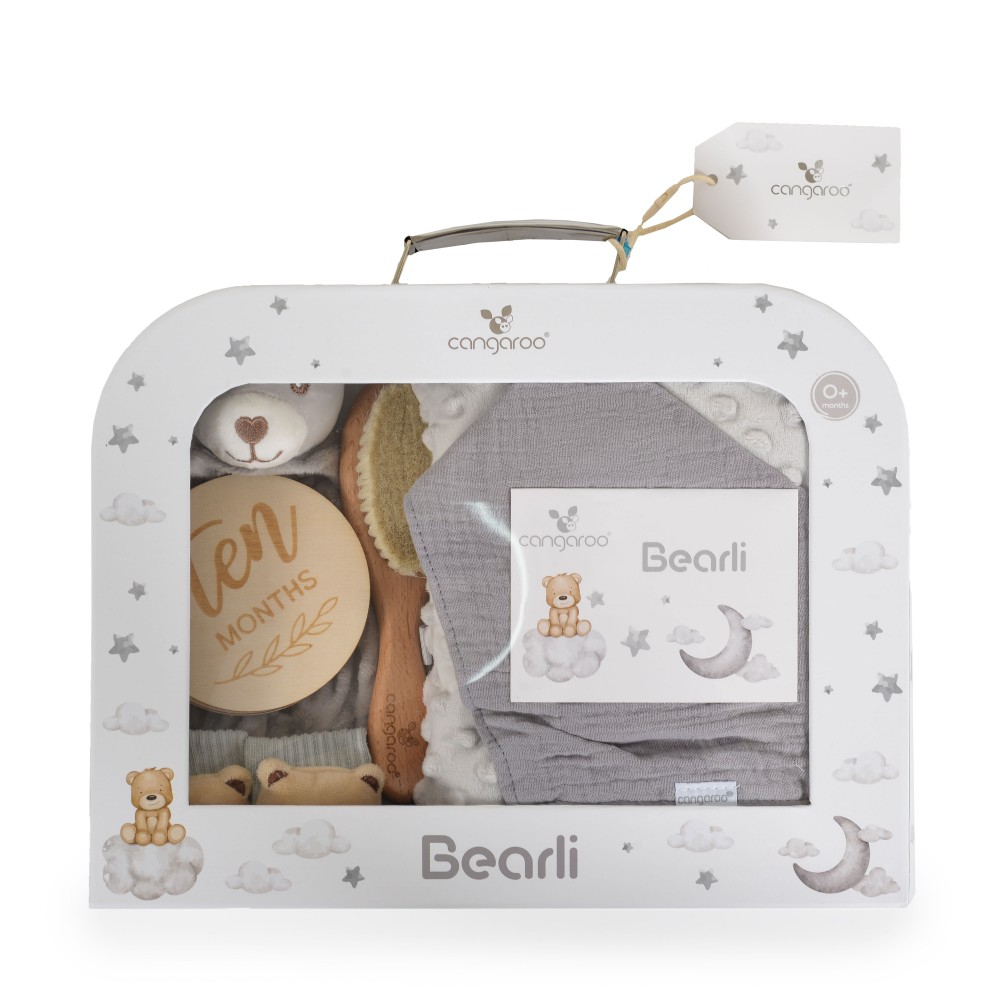 Set cadou 6in1 pentru nou nascut Cangaroo Bearly Gri cu paturica dubla 100x80cm,jucarie atasament,sosete,baveta,perie cu peri naturali si cartonase etape crestere in cutie cadou cu felicitare - 1 | YEO
