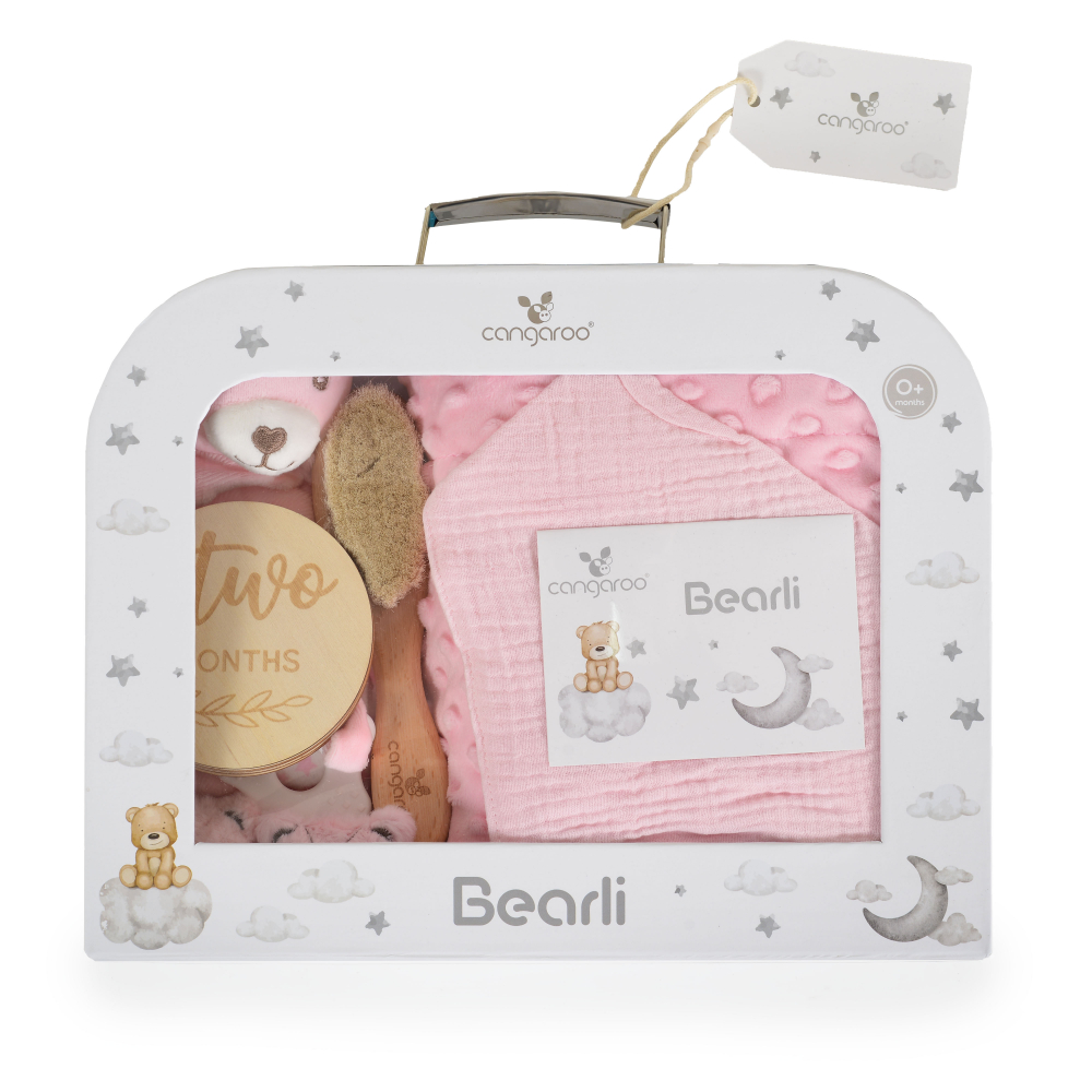 Set cadou 6in1 pentru nou nascut Cangaroo Bearly Gri cu paturica dubla 100x80cm,jucarie atasament,sosete,baveta,perie cu peri naturali si cartonase etape crestere in cutie cadou cu felicitare - 2