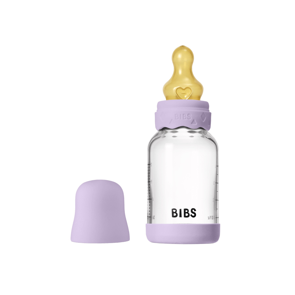 Set complet biberon Boheme din sticla anticolici cu tetina din latex, flux lent, 120 ml, Violet Sky