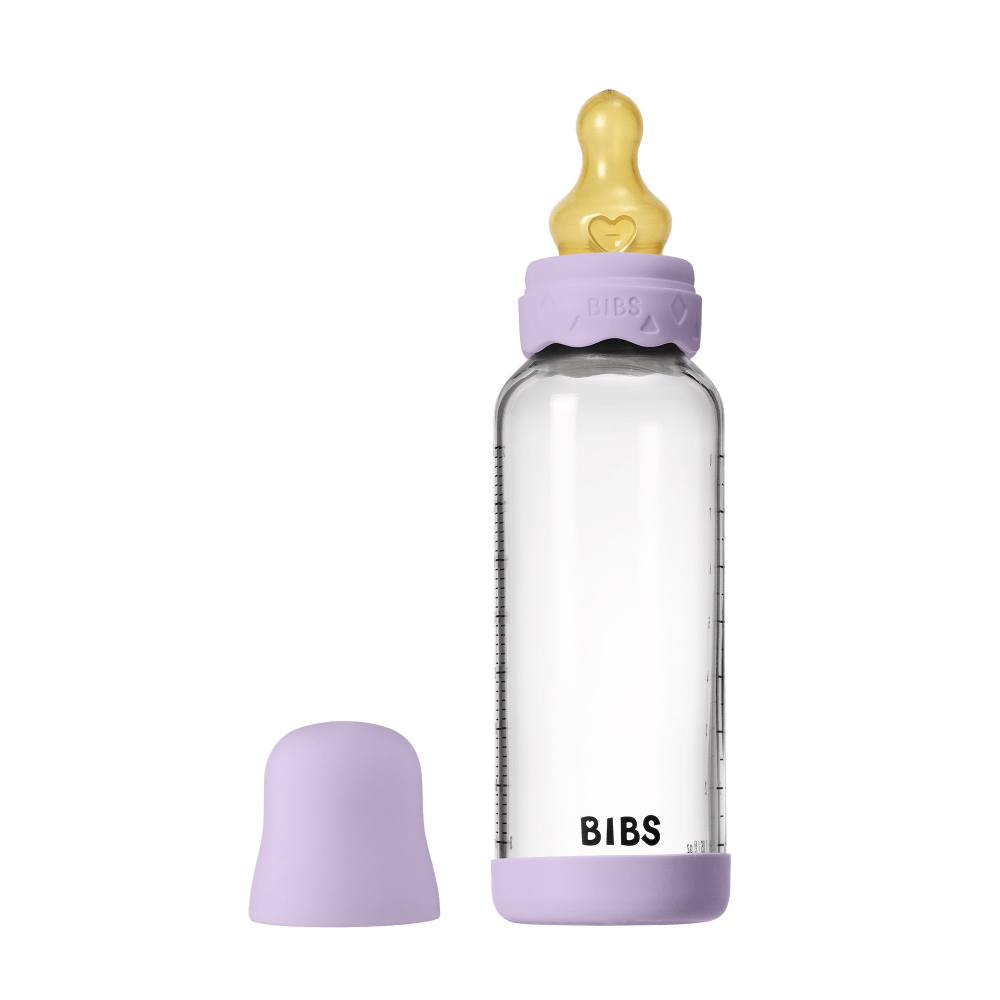 Set complet biberon Boheme din sticla anticolici cu tetina din latex, flux mediu, 240 ml, Violet Sky