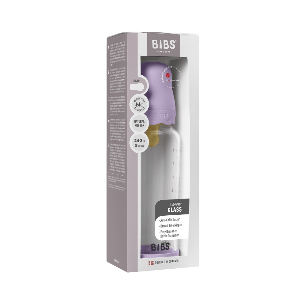 Set complet biberon Boheme din sticla anticolici cu tetina din latex, flux mediu, 240 ml, Violet Sky - 1 | YEO