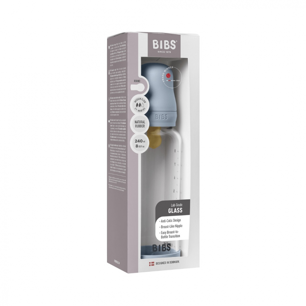 Set complet biberon din sticla anticolici cu tetina din latex, flux mediu, 240 ml, Baby Blue - 1 | YEO