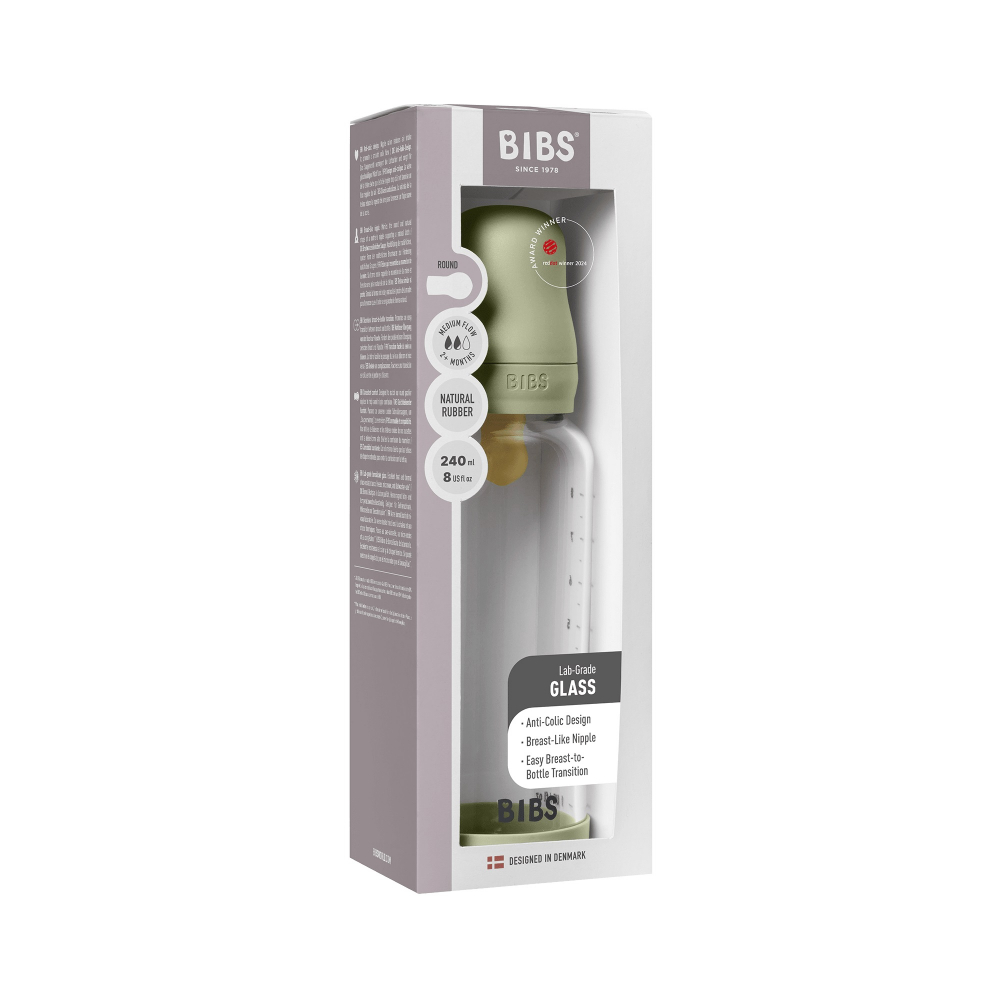 Set complet biberon din sticla anticolici cu tetina din latex, flux mediu, 240 ml, Sage - 1 | YEO