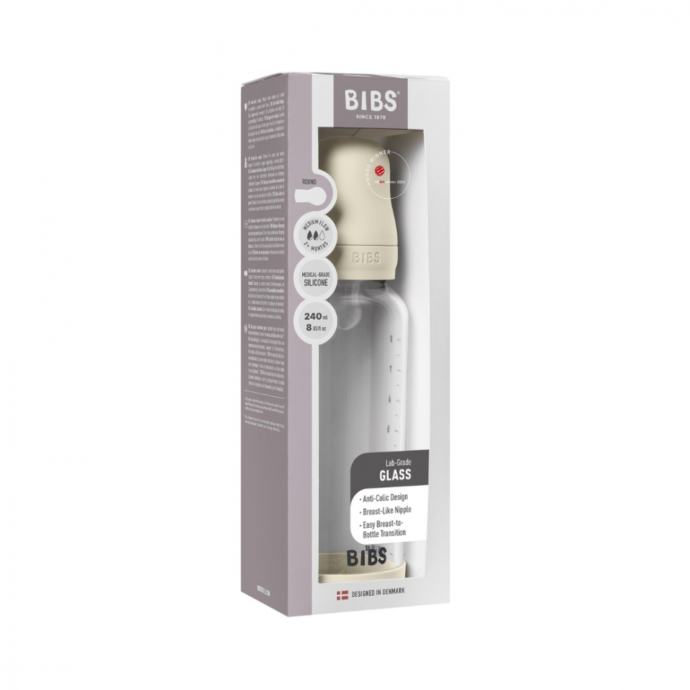 Set complet biberon din sticla anticolici cu tetina din silicon, flux mediu, 240 ml, Ivory - 2 | YEO