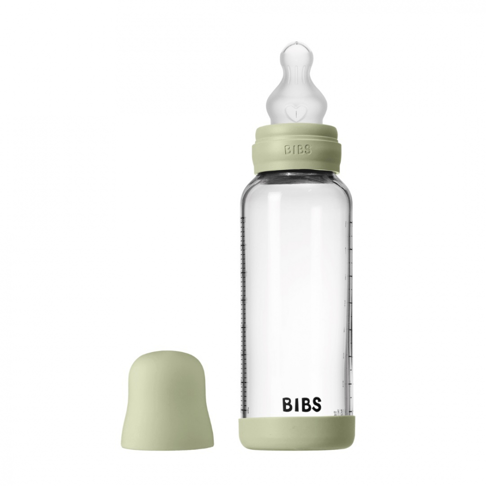 Set complet biberon din sticla anticolici cu tetina din silicon, flux mediu, 240 ml, Sage