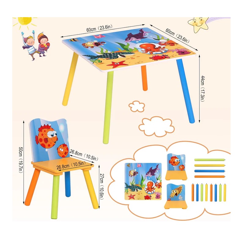 Set masuta si 2 scaunele cu spatar pentru copii Ginger Home Ocean Animals din lemn, Margini rotunjite,potrivit pentru activitatiteme,gradinita,after school,greutate suportata 40kg