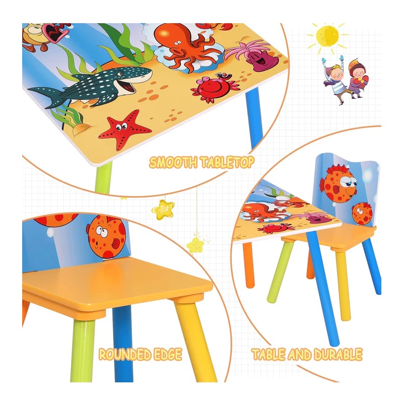 Set masuta si 2 scaunele cu spatar pentru copii Ginger Home Ocean Animals din lemn, Margini rotunjite,potrivit pentru activitatiteme,gradinita,after school,greutate suportata 40kg - 1 | YEO
