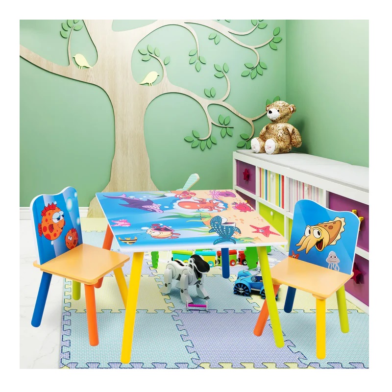 Set masuta si 2 scaunele cu spatar pentru copii Ginger Home Ocean Animals din lemn, Margini rotunjite,potrivit pentru activitatiteme,gradinita,after school,greutate suportata 40kg - 4