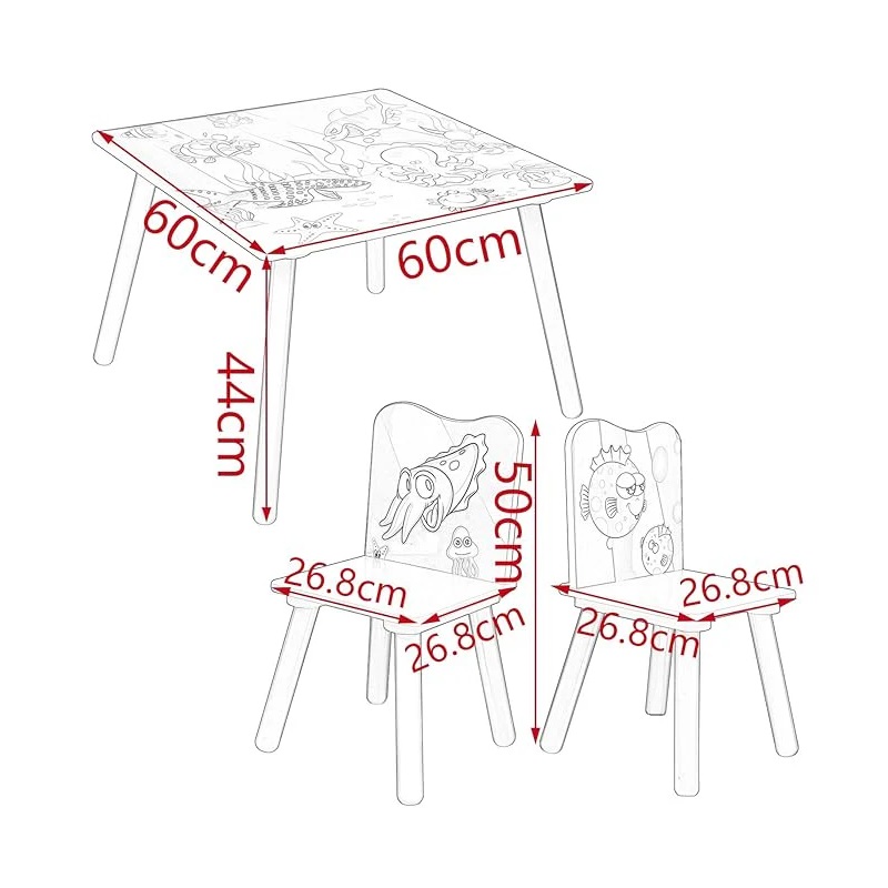 Set masuta si 2 scaunele cu spatar pentru copii Ginger Home Ocean Animals din lemn, Margini rotunjite,potrivit pentru activitatiteme,gradinita,after school,greutate suportata 40kg - 5