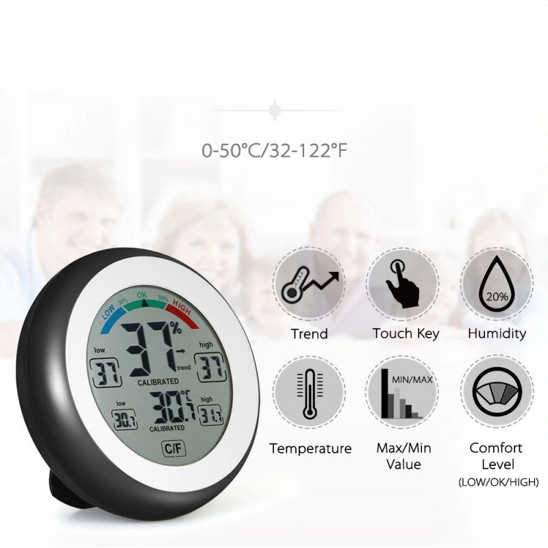 Termometru cu higrometru digital, display lcd, control touch, 9 cm, negru