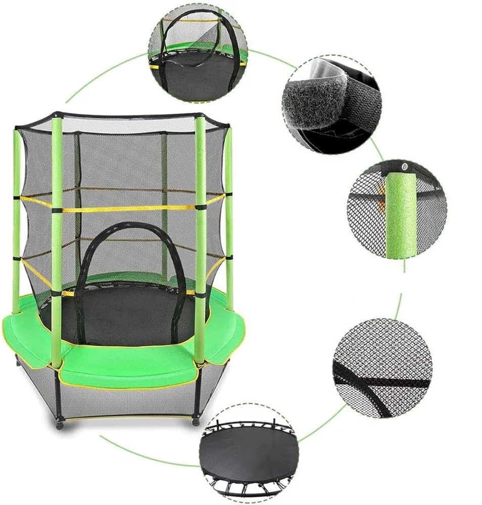 Trambulina copii, diametru 140 cm, maxim 45 kg, cu plasa de protectie, scara acces, verde