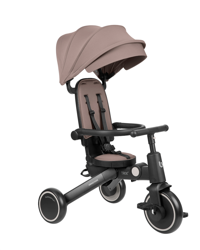 Tricicleta 8in1 pentru copii KikkaBoo Trix 2 Bej Ultrapliabila,de la 10 luni la 22kg,Cadru din aluminiu,Sezut rotativ,Spatar reglabil,Maner parental reglabil,Copertina reglabiladetasabila,Centura de siguranta,Roti spuma EVA