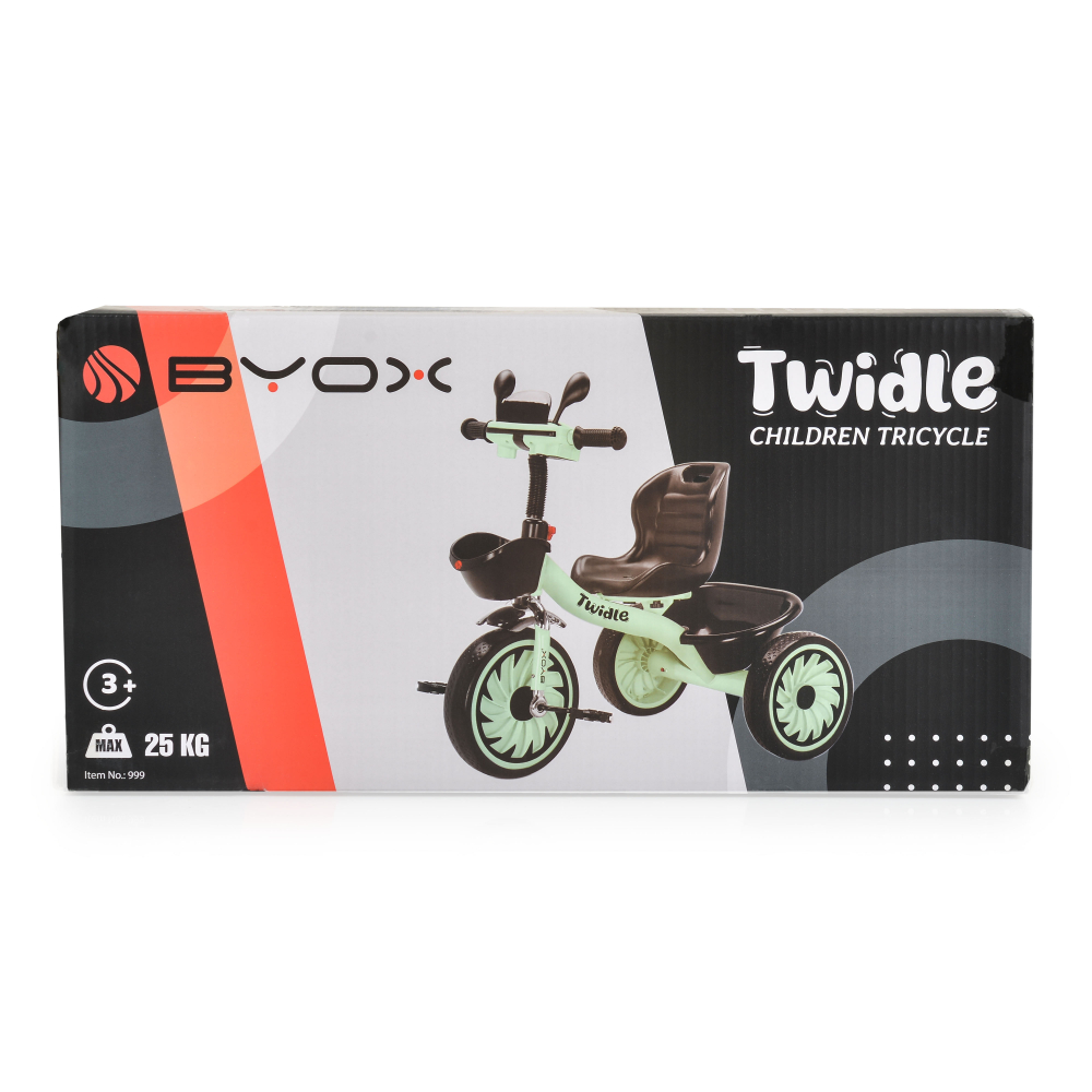 Tricicleta cu pedale pentru copii Byox Twiddle Green cu Roti EVA,Sezut ergonomic reglabil cu spatar,Efecte de lumina si muzica,Oglinzi,Manere ergonomice,Cos fata si spate pentru accesorii,Greutate maxima 25kg