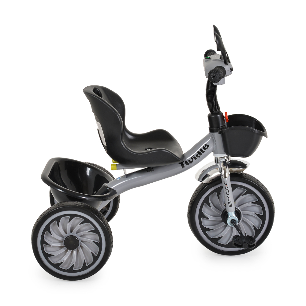 Tricicleta cu pedale pentru copii Byox Twiddle Grey cu Roti EVA,Sezut ergonomic reglabil cu spatar,Efecte de lumina si muzica,Oglinzi,Manere ergonomice,Cos fata si spate pentru accesorii,Greutate maxima 25kg