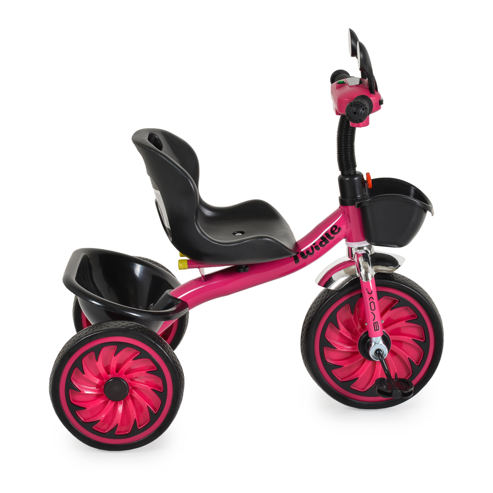 Tricicleta cu pedale pentru copii Byox Twiddle Pink cu Roti EVA,Sezut ergonomic reglabil cu spatar,Efecte de lumina si muzica,Oglinzi,Manere ergonomice,Cos fata si spate pentru accesorii,Greutate maxima 25kg