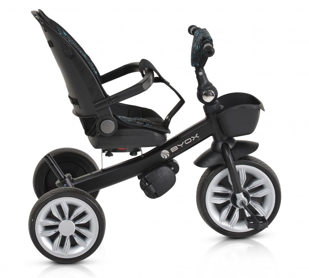 Tricicleta multifunctionala pentru copii Byox Space Blue cu roti EVA,Maner parinte reglabil pe inaltime,Scaun rotativ,Spatar reglabil cu pozitie somn,Ghidon pliabil,Roti EVA,2 tipuri de suport picioare,Cosulet si suport pahar