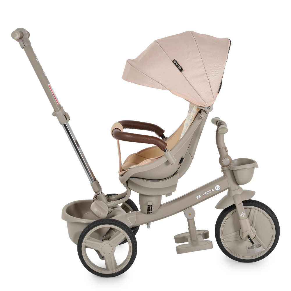 Tricicleta pentru copii Byox Fusion Beige,Maner parental reglabil pe inaltime,Scaun rotativ la 360 grade,Spatar reglabil cu pozitie somn,Ghidon pliabil,Roti din PU,Frana,Husa moale,2 tipuri de suport picioare,Bara detasabila