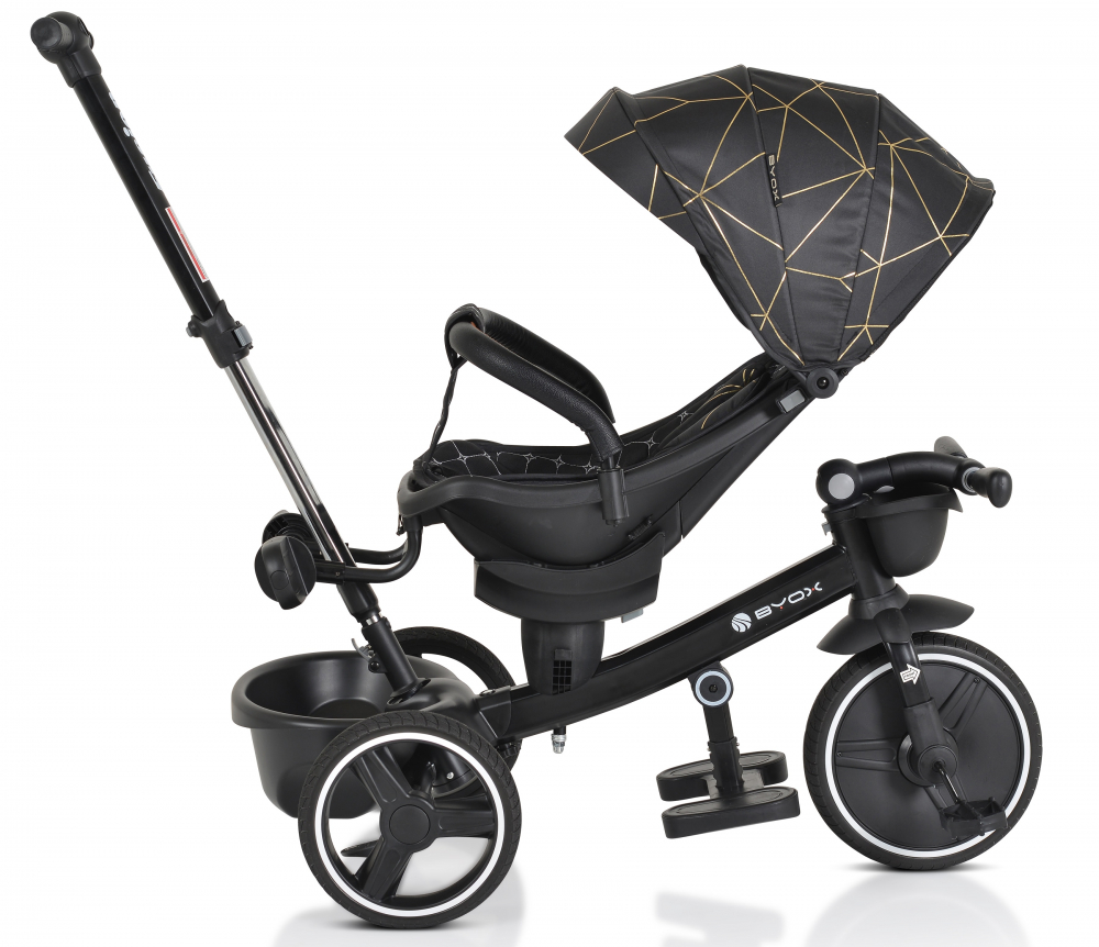 Tricicleta pentru copii Byox Fusion Black,Maner parental reglabil pe inaltime,Scaun rotativ la 360 grade,Spatar reglabil cu pozitie somn,Ghidon pliabil,Roti din PU,Frana,Husa moale,2 tipuri de suport picioare,Bara detasabila