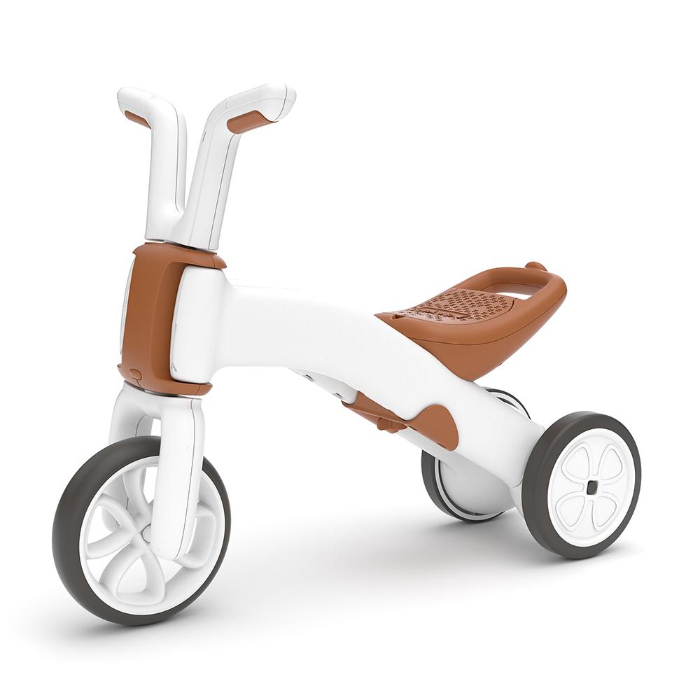 Tricicleta pentru copii Chillafish Bunzi Mate Camel 2 in 1, transformabila in bicicleta fara pedale, scaun usor reglabil, roti din cauciuc sintetic, spatiu depozitare jucarii, greutate admisa 25 kg