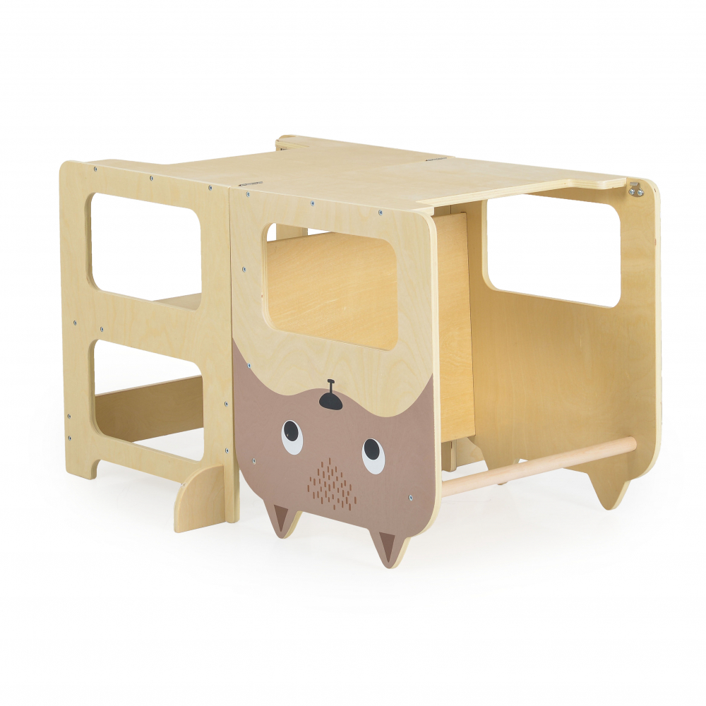 Turn de invatare 3in1 din lemn pentru copii Moni Montessori Learning Tower multifunctional,Constructie usoara si stabila,transformabil in Masuta sau Tabla neagra pentru desen