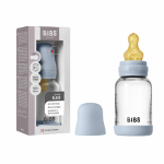 Set complet biberon din sticla anticolici cu tetina din latex, flux lent, 120 ml, Baby Blue