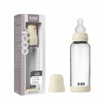 Set complet biberon din sticla anticolici cu tetina din silicon, flux mediu, 240 ml, Ivory