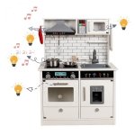 Bucatarie din lemn pentru copii, iluminata, efecte sonore, 4 accesorii incluse, design vintage, 65x97.5x30 cm, alb