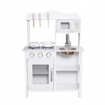 Bucatarie din lemn si mdf pentru copii, cuptor cu microunde, chiuveta, rafturi, ustentile pentru gatit, 60x30x85 cm, alba