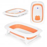 Cadita pliabila pentru copii Little Mom Happy Cow Orange, cu Dop de scurgere senzor de temperatura, picioruse si baza antialunecare, dimensiune 82 x 51 x 22 cm
