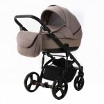 Carucior pentru copii, Adamex, 2 in 1, Lanti PS110, Pliabil, landou cu salteluta, copertina reglabila, roti frontale pivotante, cu dubla suspensie si husa de ploaie inclusa, Linen & EcoLeather, Coffee Bean