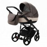 Carucior pentru copii, Adamex, 2 in 1, Lanti PS28, Pliabil, landou cu salteluta, copertina reglabila, roti frontale pivotante, cu dubla suspensie si husa de ploaie inclusa, Linen & EcoLeather Brownstone