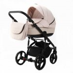 Carucior pentru copii, Adamex, 2 in 1, Lanti PS33, Pliabil, landou cu salteluta, copertina reglabila, roti frontale pivotante, cu dubla suspensie si husa de ploaie inclusa, Linen & EcoLeather Sandstone