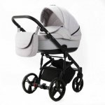 Carucior pentru copii, Adamex, 2 in 1, Lanti PS46, Pliabil, landou cu salteluta, copertina reglabila, roti frontale pivotante, cu dubla suspensie si husa de ploaie inclusa, Linen & EcoLeather, Pearl