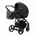 Carucior pentru copii, Adamex, 2 in 1, Lanti PS35, Pliabil, landou cu salteluta, copertina reglabila, roti frontale pivotante, cu dubla suspensie si husa de ploaie inclusa, Linen & EcoLeather, Dark Gray