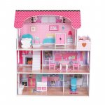Casuta de papusi complet mobilata, mdf, 3 nivele, 5 camere, 8 accesorii, 62x27x70 cm