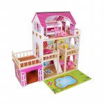 Casuta din lemn pentru papusi, 60x33x90 cm, iluminata led, cu garaj, accesorii