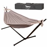 Hamac de gradina pliabil, Ikonka, cu cadrul metalic, tesatura tricotata, capacitate de incarcare 150 kg, si geanta de transport cu manere inclusa, 200 cm