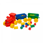 Jucarie de tras pentru copii Huby Toys model Trenulet cu locomotiva si 2 vagoane