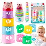 Set 10 cupe jucarie pentru baie Ricokids Bath Toys Pastel multicolor, multifunctionale in forma de turn cu cifre de stivuit, Inspiratie Montessori