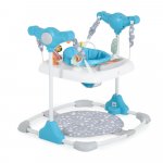 Jumper pentru copii Moni Hop Albastru cu inaltime reglabila,sezut rotativ 360 grade, Panou muzical cu taste, Jucarii cu diferite forme, culori si texturi, Recomandat copii peste 6 luni si greutatea de pana la 12 kg