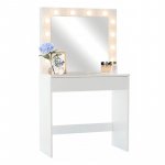 Masa de toaleta, oglinda iluminata cu 12 led-uri alb cald, 80x40x140 cm, mdf, alb