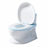Olita tip minitoaleta pentru copii Little Mom Blue cu sunete, colac din PVC, vas colector detasabil, capac rabatabil cu functie de spatar si suport pentru servetele, dimensiuni 27x22x32 cm