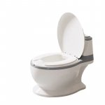 Olita tip minitoaleta pentru copii Little Mom Grey cu sunete, colac din PVC, vas colector detasabil, capac rabatabil cu functie de spatar si suport pentru servetele, dimensiuni 27x22x32 cm