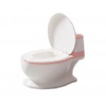 Olita tip minitoaleta pentru copii Little Mom Pink cu sunete, colac din PVC, vas colector detasabil, capac rabatabil cu functie de spatar si suport pentru servetele, dimensiuni 27x22x32 cm